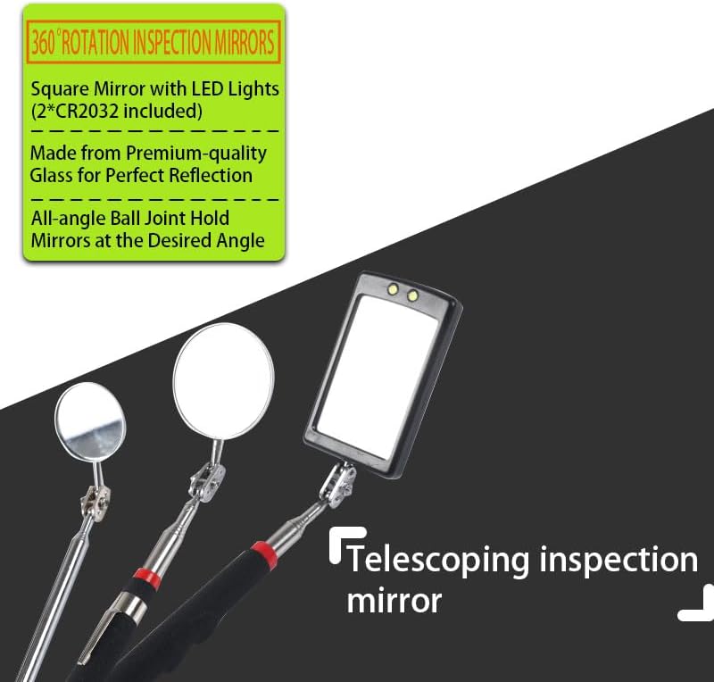VortecSys Telescoping Magnetic Pickup Tool Set, 3Pcs Round and Square Inspection Mirror Telescoping with LED Lights, 4Pcs Magnet Stick Best Gadgets Gifts for Men - Image 3